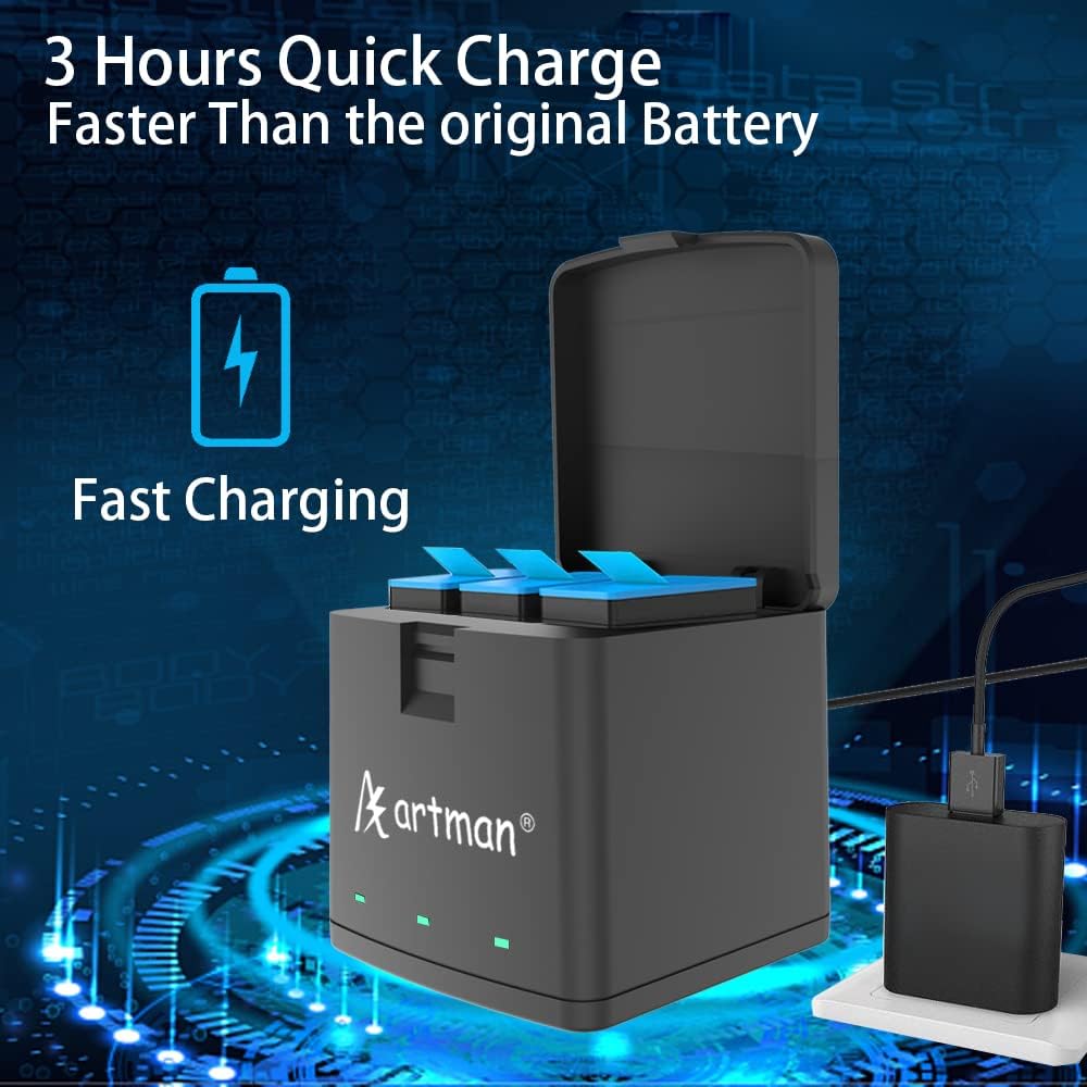 A Artman Hero 10 Replacement Battery (3-Pack) and 3-Channel USB Storage Charger for GoPro Hero 10 Black, Fully Compatible with GoPro Hero 10 Original Battery and Charger (1800mAh)