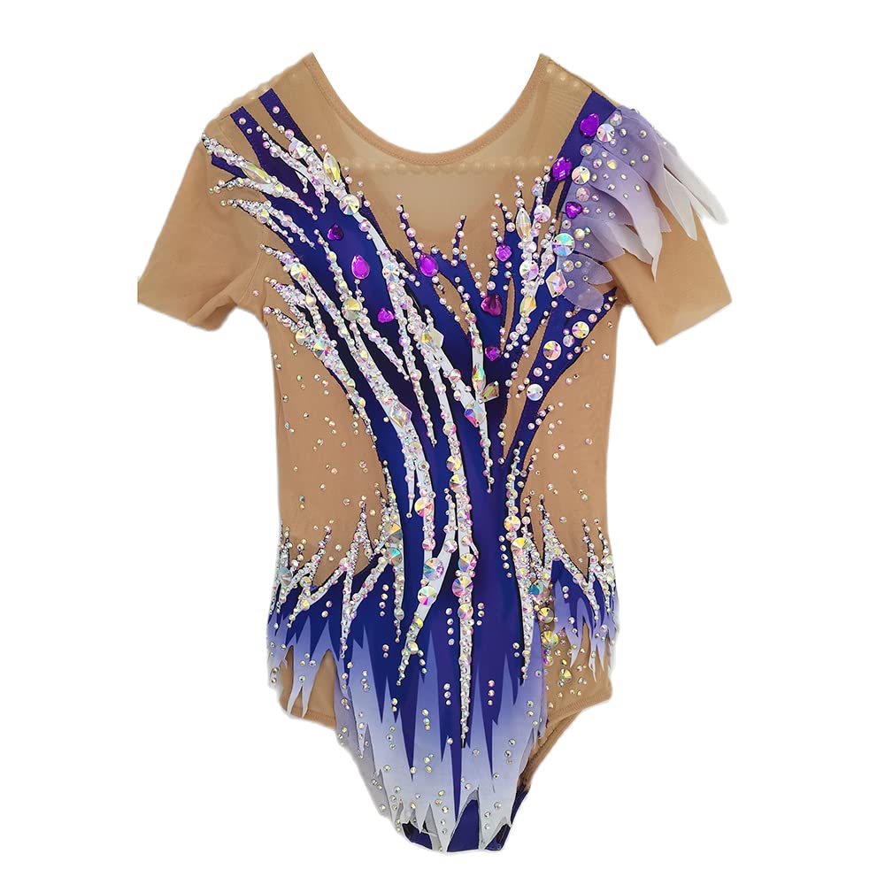 LIUHUO Body da ginnastica ritmica con stampa viola girocollo mezze maniche strass brillanti prestazioni da competizione ragazze