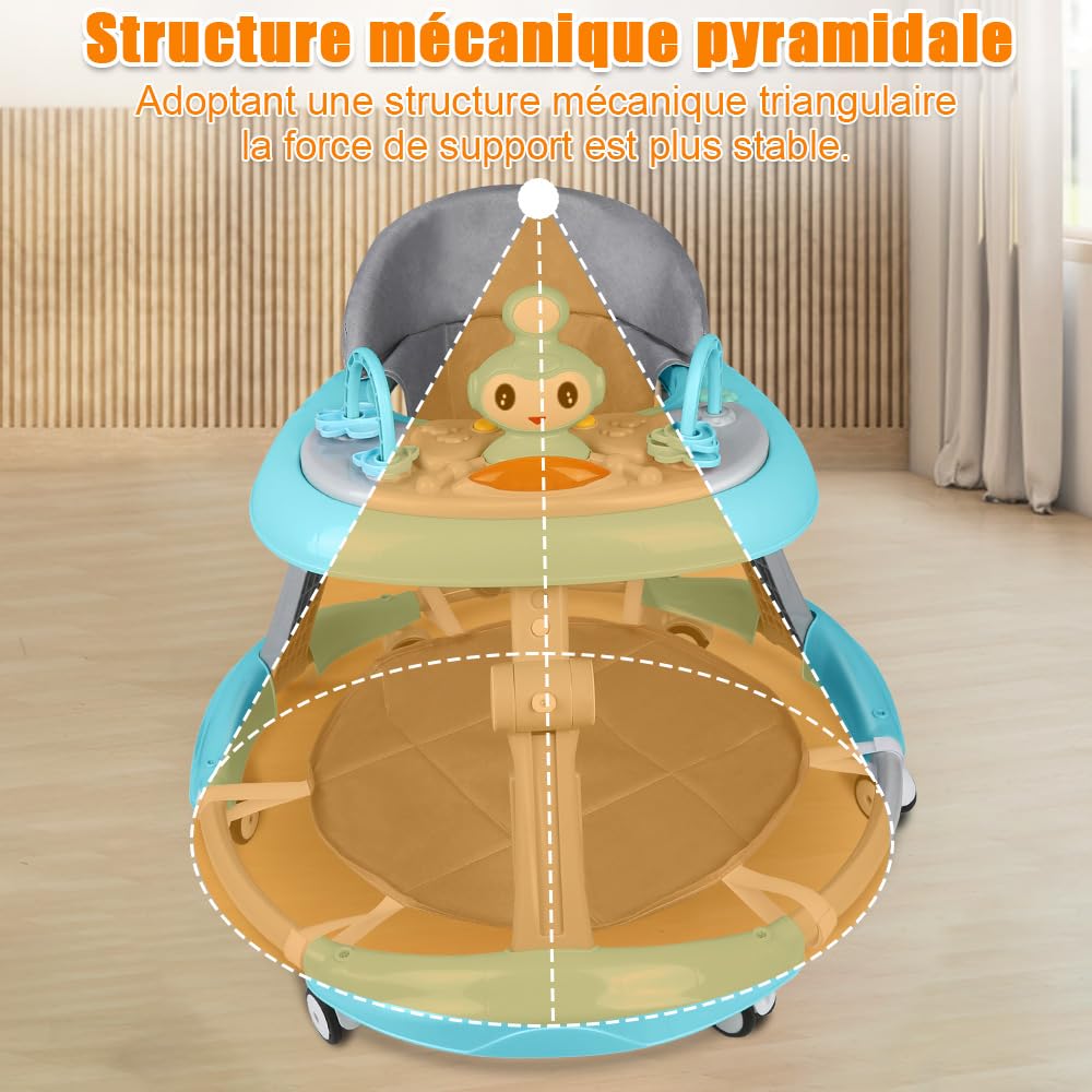 3 en 1 Trotteur pliable pour bébé,5 Hauteur réglable,Roues à 360°,Station de jeu musicale,Centre de jeu de 6 à 18 mois,Plateau Repas et Plateau d'activités Musical Amovible (Bleu-70 * 70 * 91cm)