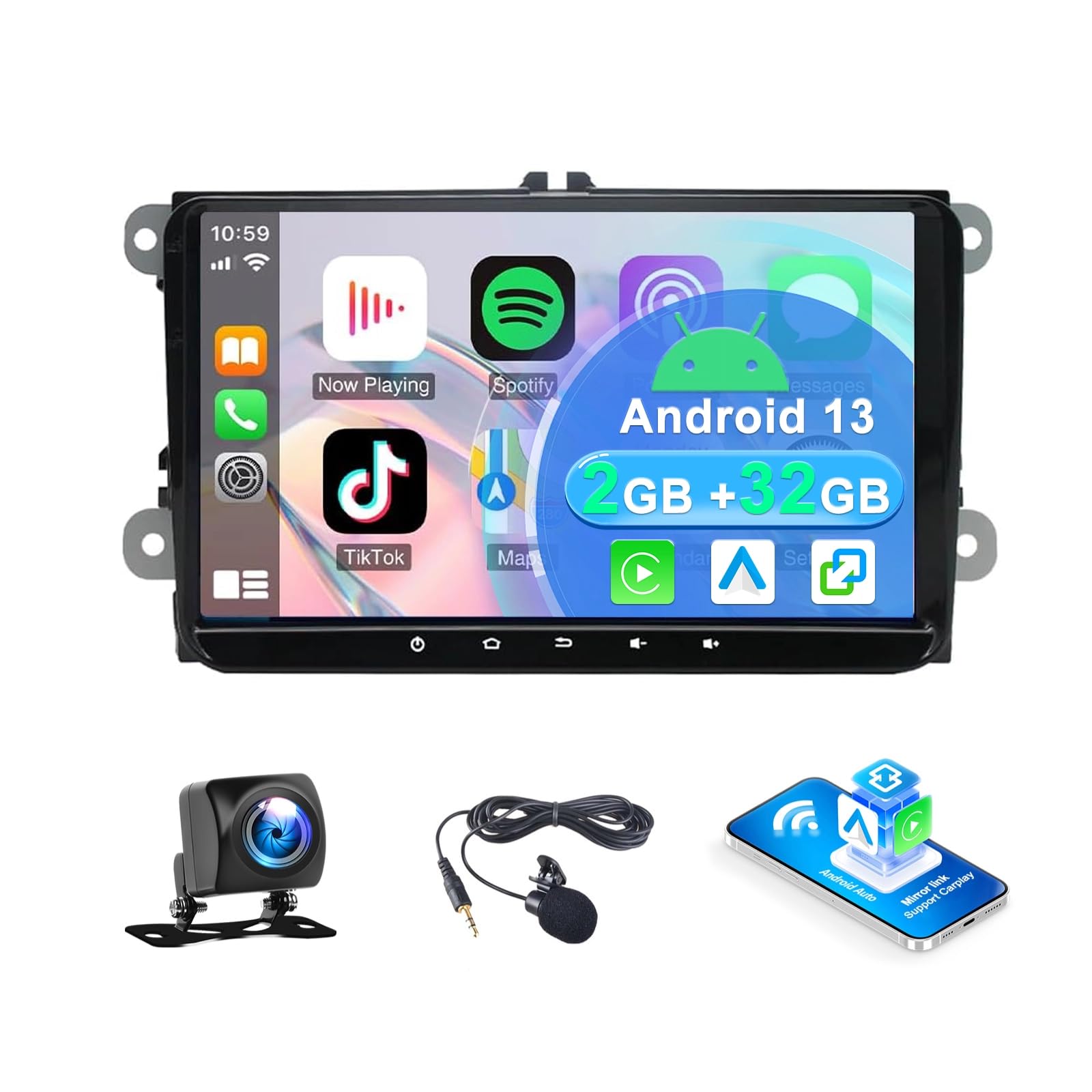 2+32G Android 13 Multimedia samochodowe z bezprzewodowym Android Auto CarPlay dla Golf MK6/6/A6/5K GTI/Wagon/R/Variant/Estate/Cabriolet 2008-2013, 9-calowy ekran dotykowy Radio Stereo z GPS FM RDS SWC