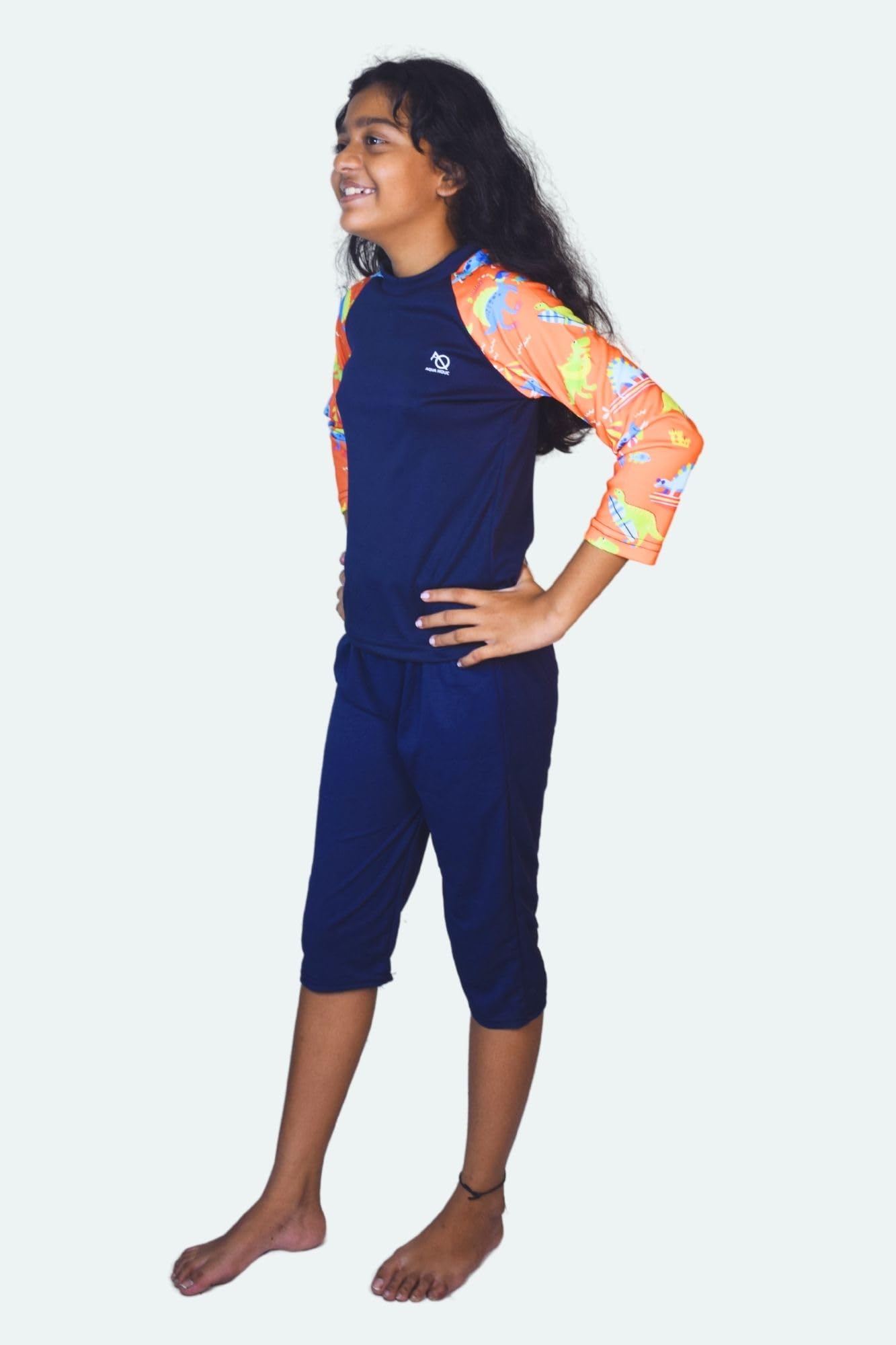 Aqua Holic Spandex Girls Regular Fit Printed Bottom & Top Set | Swimwear | Adjustable, Quick Drying Capris for Swimming, Beach, Waterpark - Orange (10-11 Years) 1
