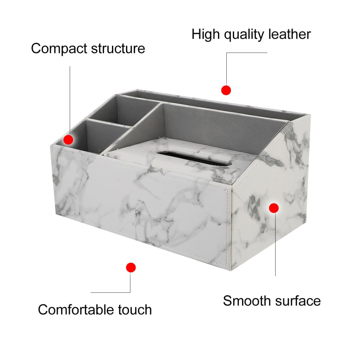1pieza Caja Organizadora Multifuncional para Escritorio con Soporte para Mando Distancia y Pañuelos Diseño de Cuero y Madera Gris Mármol para Hogar y Oficina