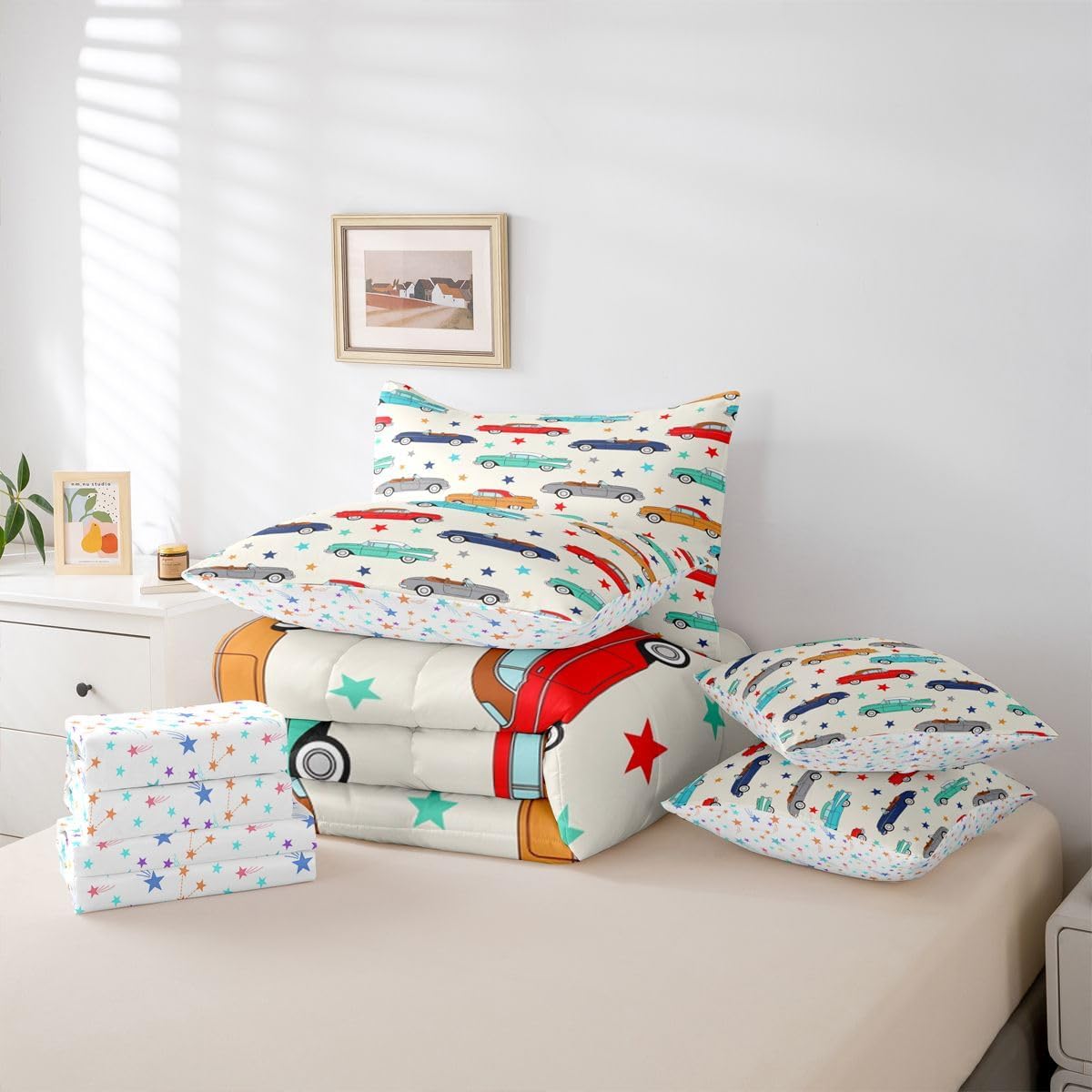 Castle Fairy Cartoon Car 7 Piece Comforter Set Twin Size for Kid Girls Boys,Colorful Stars Funny Bed in A Bag with Sheets Vintage Vehicle Bedding Sets Transportation Theme Bedroom Decor image 4