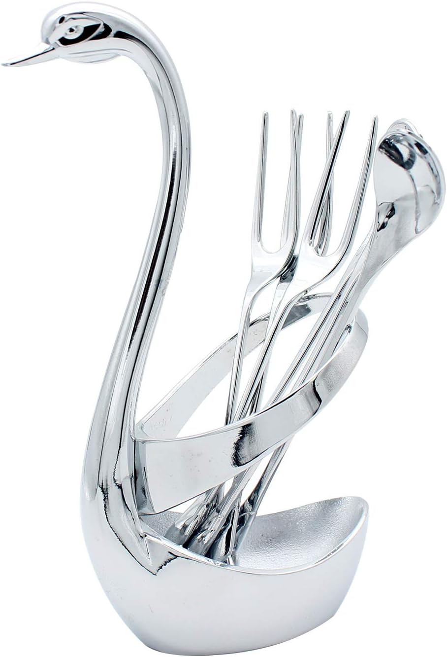 Ranvi Dinnerware Set, Stainless Steel Fruit, Dessert Flatware SwanBase Holder, with 3 Forks & 3 Spoons (Round)