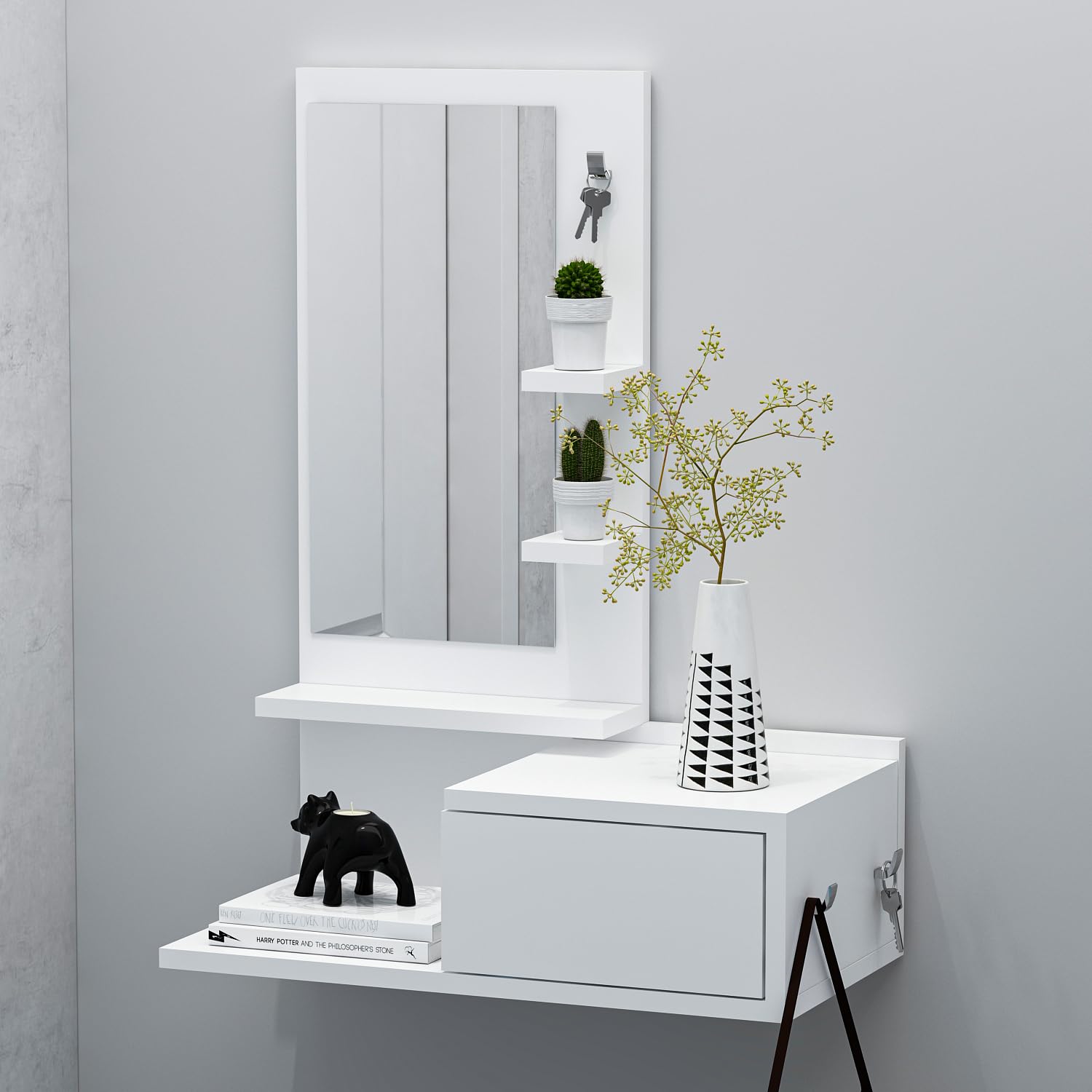 HOMIDEA ENKI Mobile sospeso per corridoio - Armadio con specchio - Armadio a parete per ingresso con cassetto, specchio e ripiano dal design moderno (bianco/bianco)