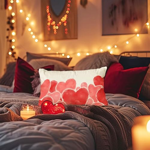 Miniatura 5 de RABUSOFA Fundas de almohada de San Valentín de 12 x 20 pulgadas, almohadas de corazón rojo y rosa acuarela, almohada decorativa blanca, aniversario,