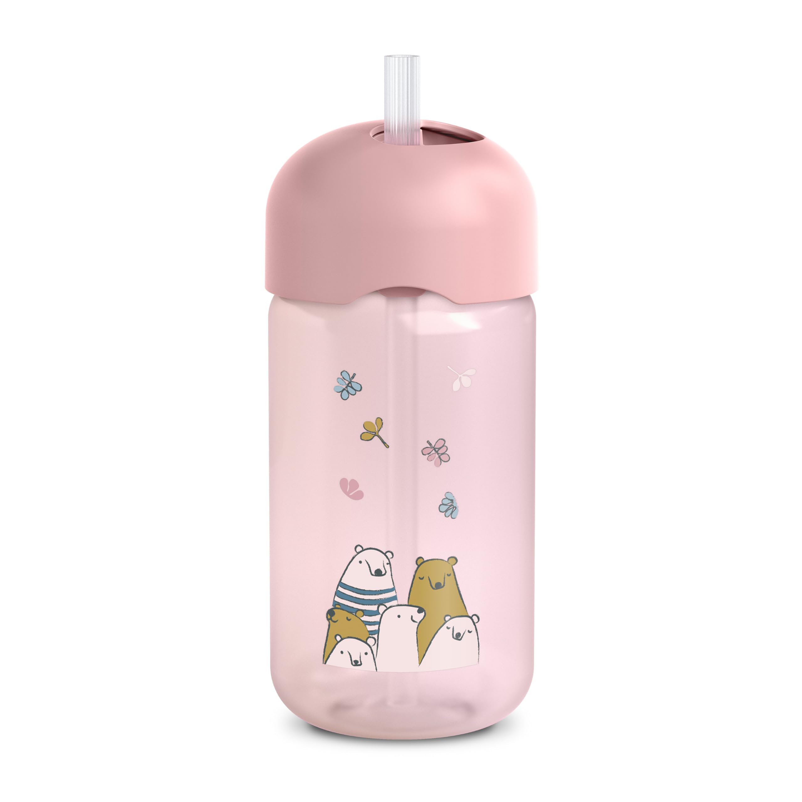Suavinex, Tazza didattica per bambini con cannuccia in silicone morbida e flessibile, antigoccia e antimacchia, lavabile in lavastoviglie, con tappo, 340 ml, bimbi +18 mesi, My Family Rosa