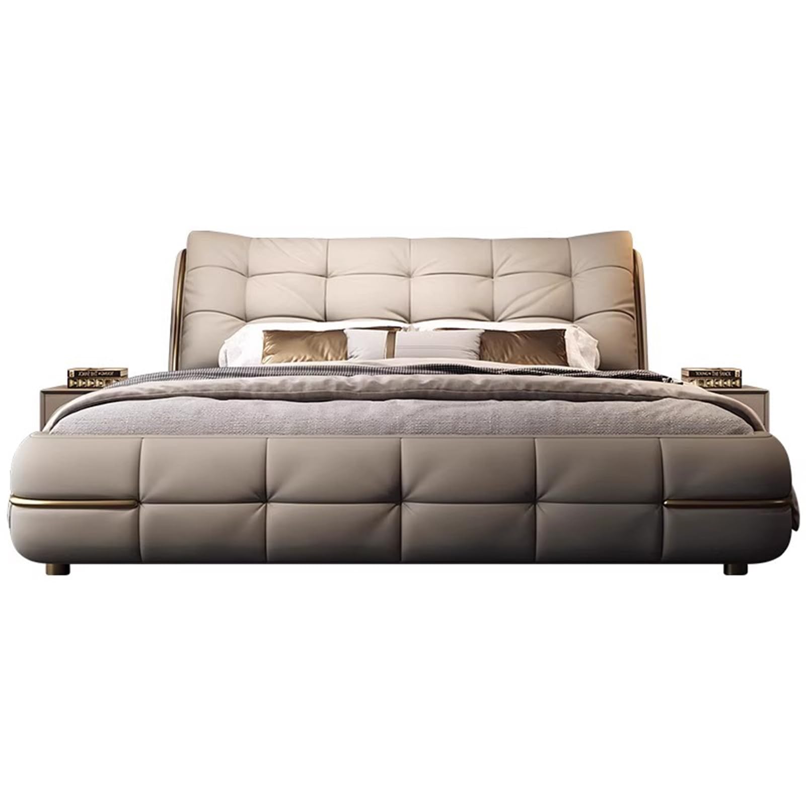 King Size Genuine Leather Wood Bed Upholstered Platform Bed Frame with Headboard and Lift Up Storage Wooden Slats