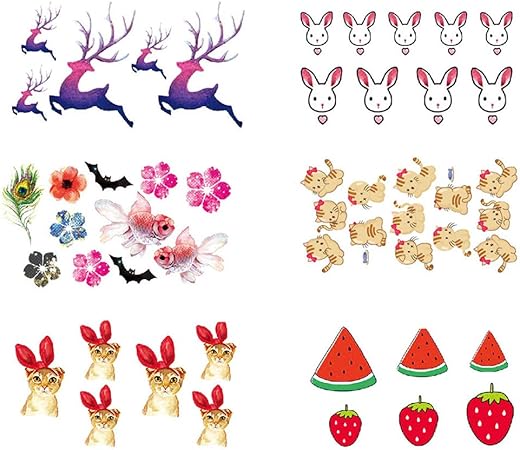 Amazon Co Jp タトゥーシール 刺青シール 子供用ステッカー 猫 ウサギ 魚 花 羽 スイカ イチゴ 鹿 ボディーシール 6枚セット 60 105mm 服 ファッション小物