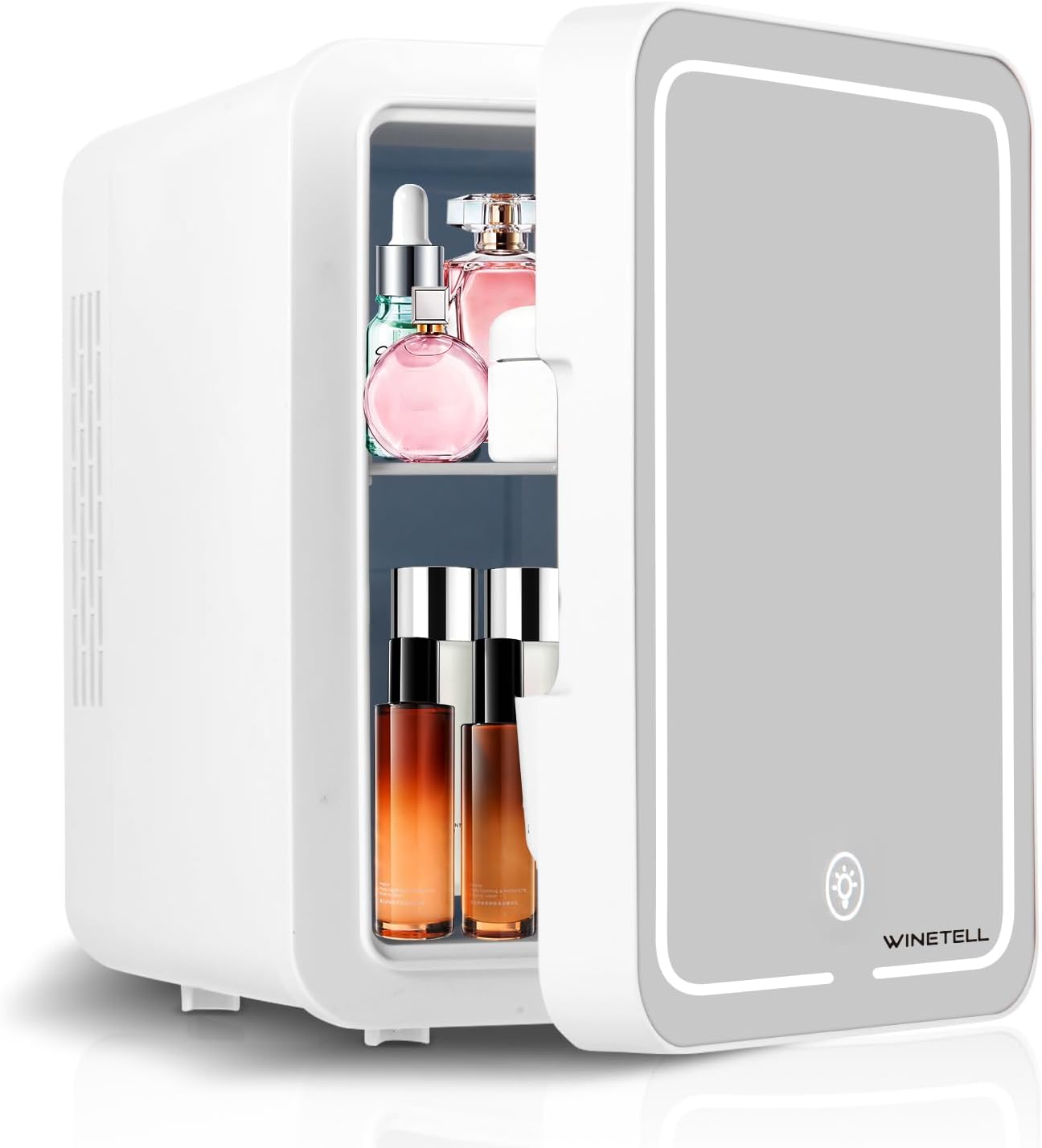 Makeup Fridge with Dimmable LED Light Mirror, 4L Mini Fridge for Bedroom, Car, Office & Dorm, Cooler & Warmer, Portable Small Refrigerator for Cosmetics, Skin Care, White