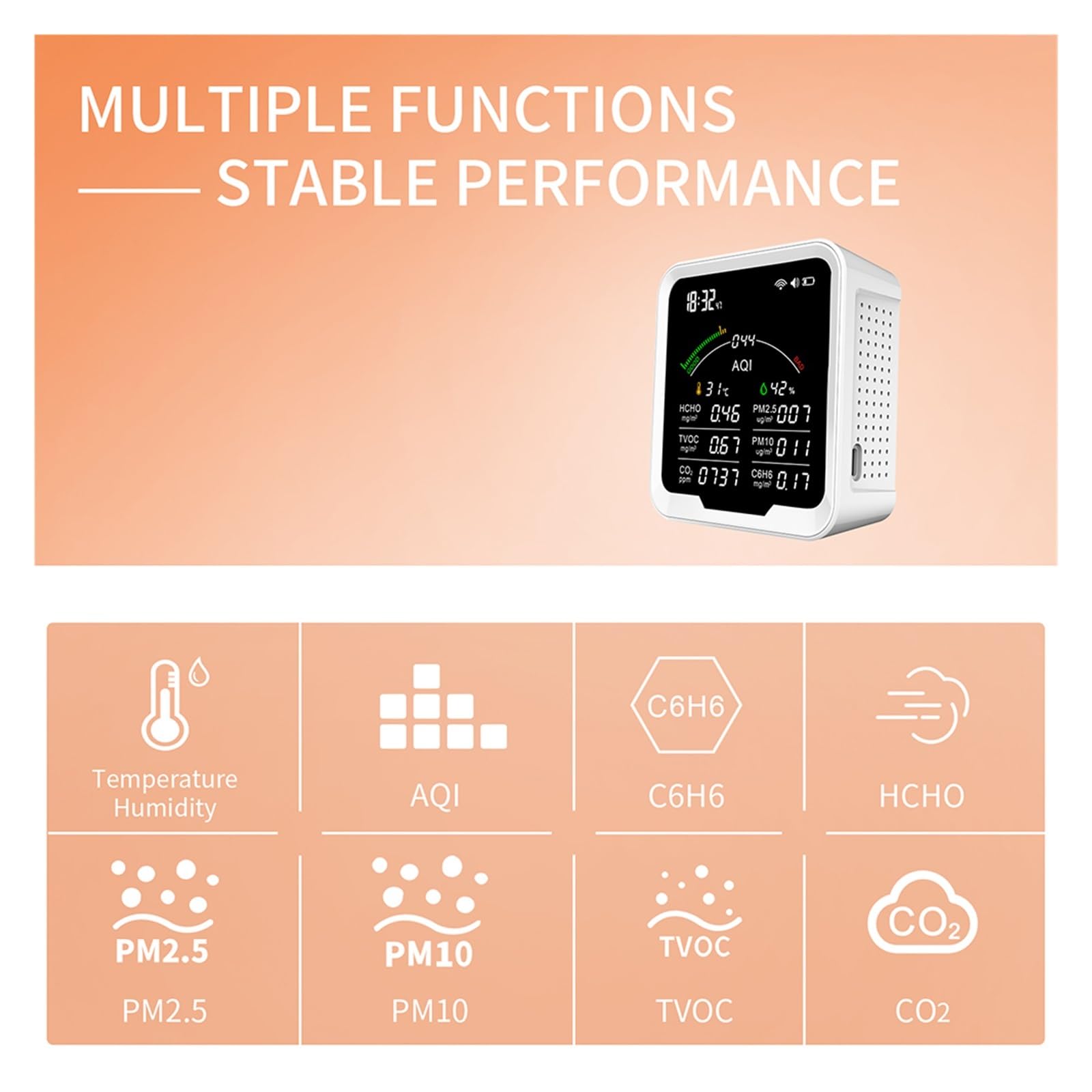 Misuratore di qualità 'aria portatile HCHO/TVOC/CO2/PM2.5/PM10/AQI/C6H6 Tester umidità a temperatura Rilevatore anidride carbonica con schermo da 4.8 pollici,Alta Precisione