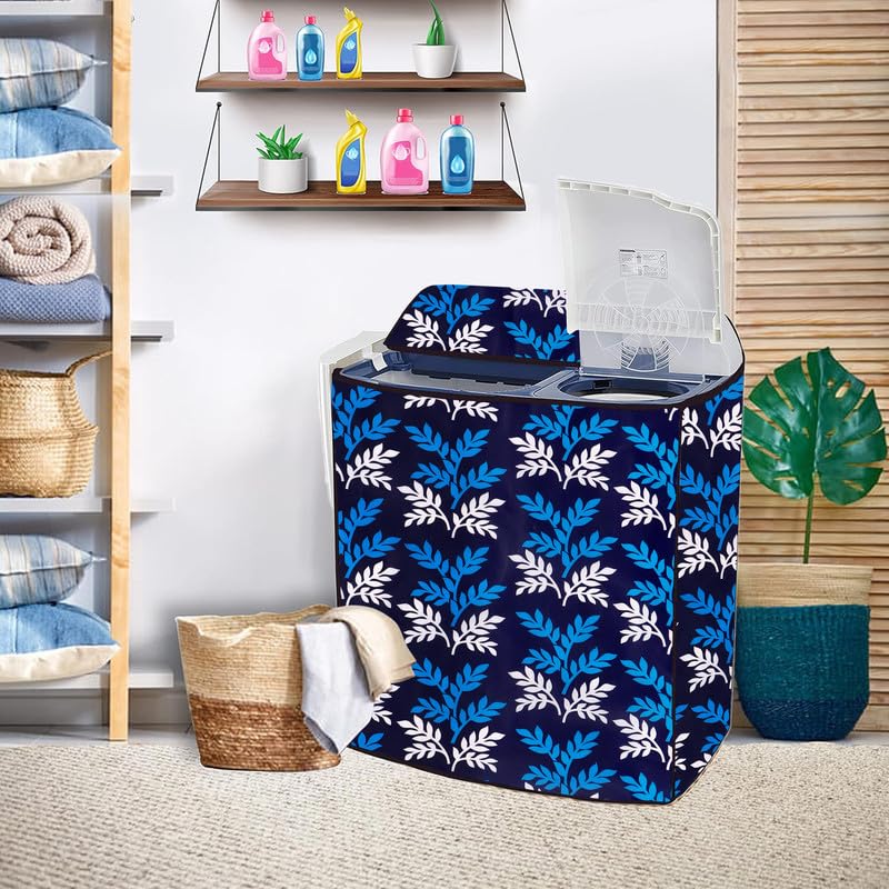 Image of PVC Printed Semi Automatic Washing Machine Cover Compatible For Samsung, Lg, Whirlpool 6Kg, 6.2Kg, 6.5Kg, 7Kg, 7.2Kg, 7.5Kg, 8kg, 8.5kg | Waterproof & Dustproof Cover, Blue leaf.