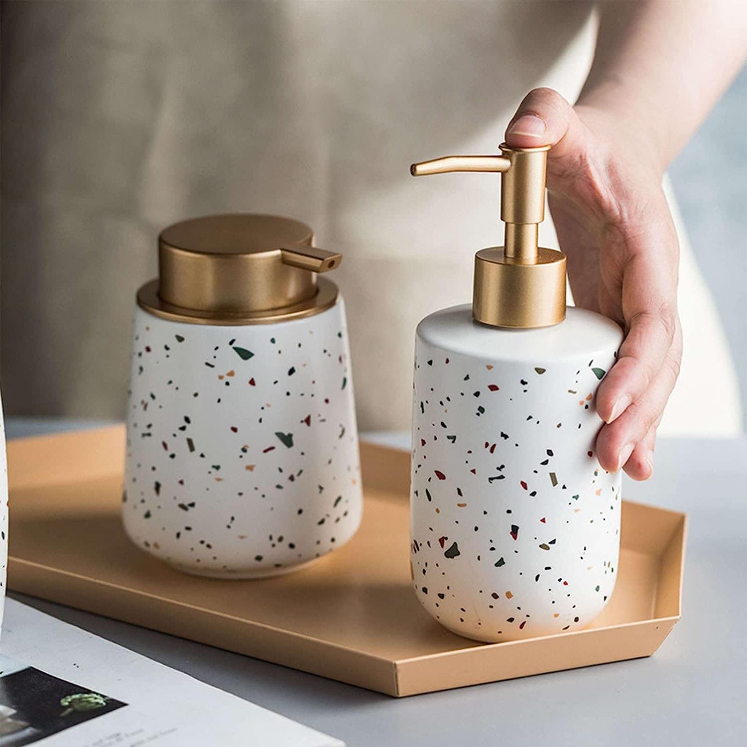 Dozownik mydła do rąk, Ceramiczna butelka stożkowa z możliwością wielokrotnego napełniania, dozownik szamponu do mydła w płynie blatu toaletki, kolorowe fragmenty, 370-400 ml, 1 szt(400ml)