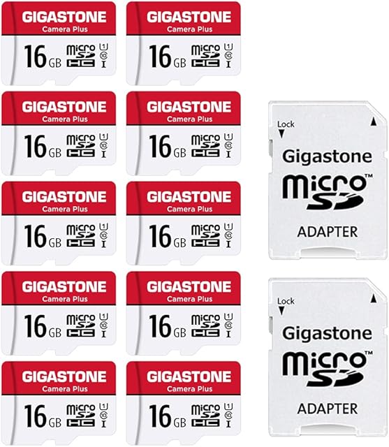 Gigastone Micro SD Card 16GB 10-Pack with 2x SD Adapter + 4x Mini-case, Camera Plus 90MB/s, Full HD Video, U1 C10 Class 10 Micro SDHC UHS-I Memory Card, with MicroSD to SD adapter