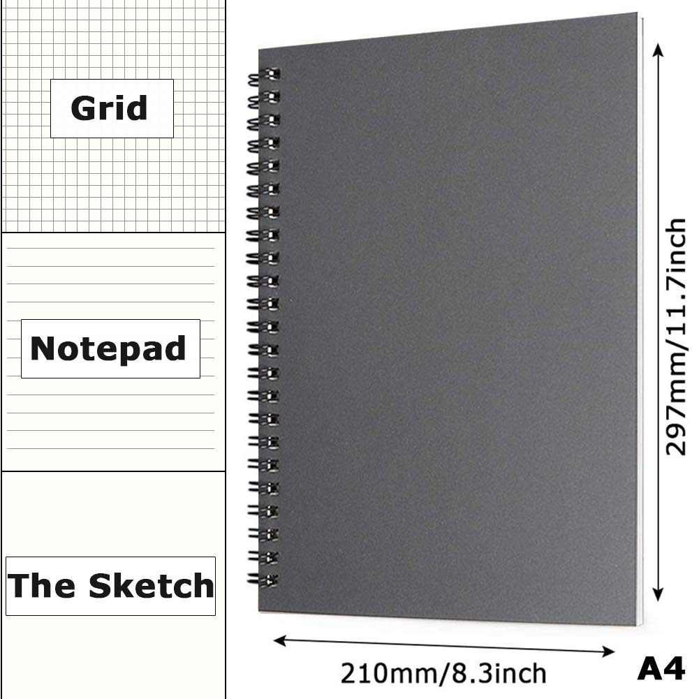 Notizbuch, A4, kariert, 5 mm Spirale, schwarzer Krafteinband, ideal für Reisen, Schule, 100 Seiten, 50 Blatt, 4 Stück