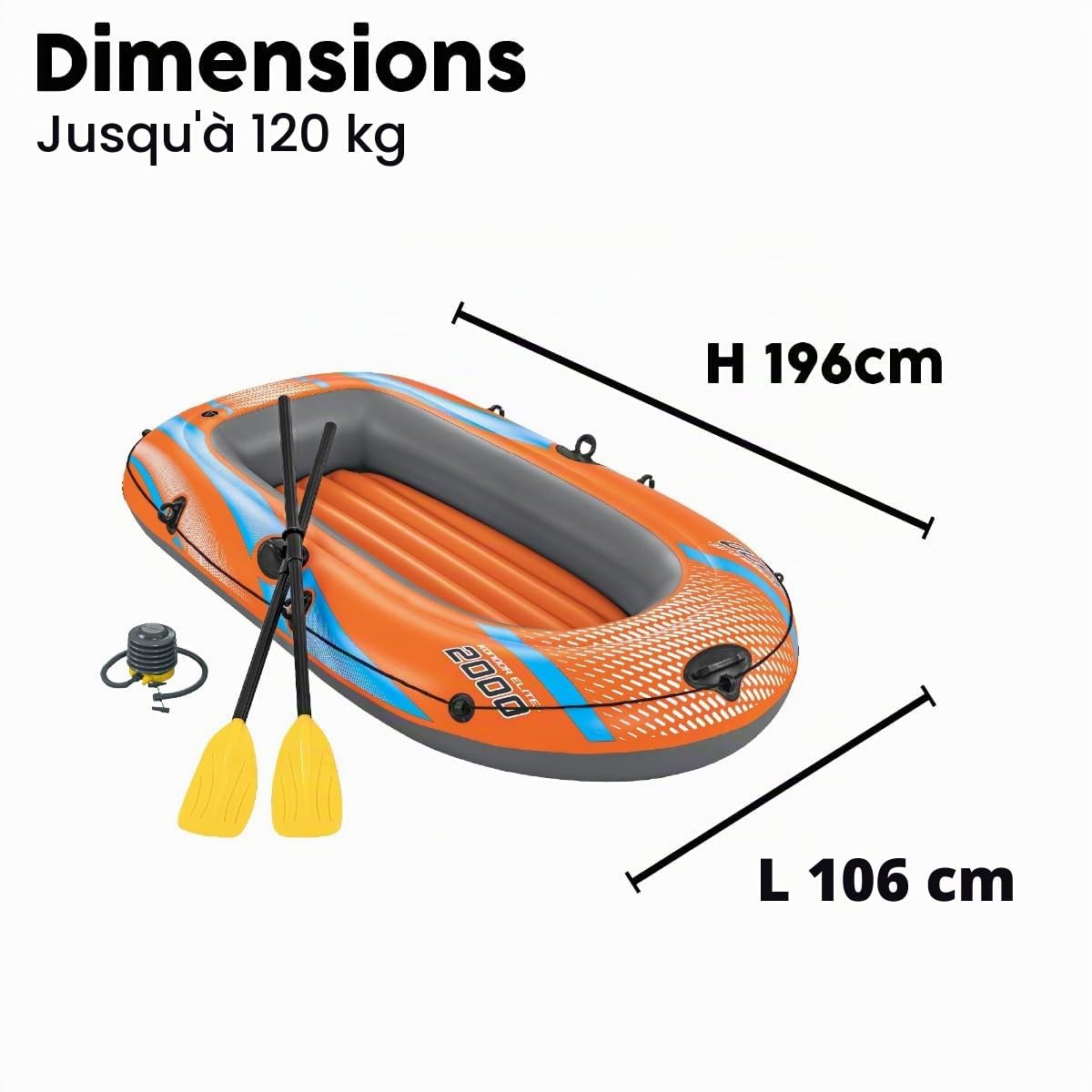 Kondor Elite™ 2000 raft Set, 196 x 106 cm, 1 Adulte+1enfant, 120kg Max, Pompe à Pied et 2 pagaies
