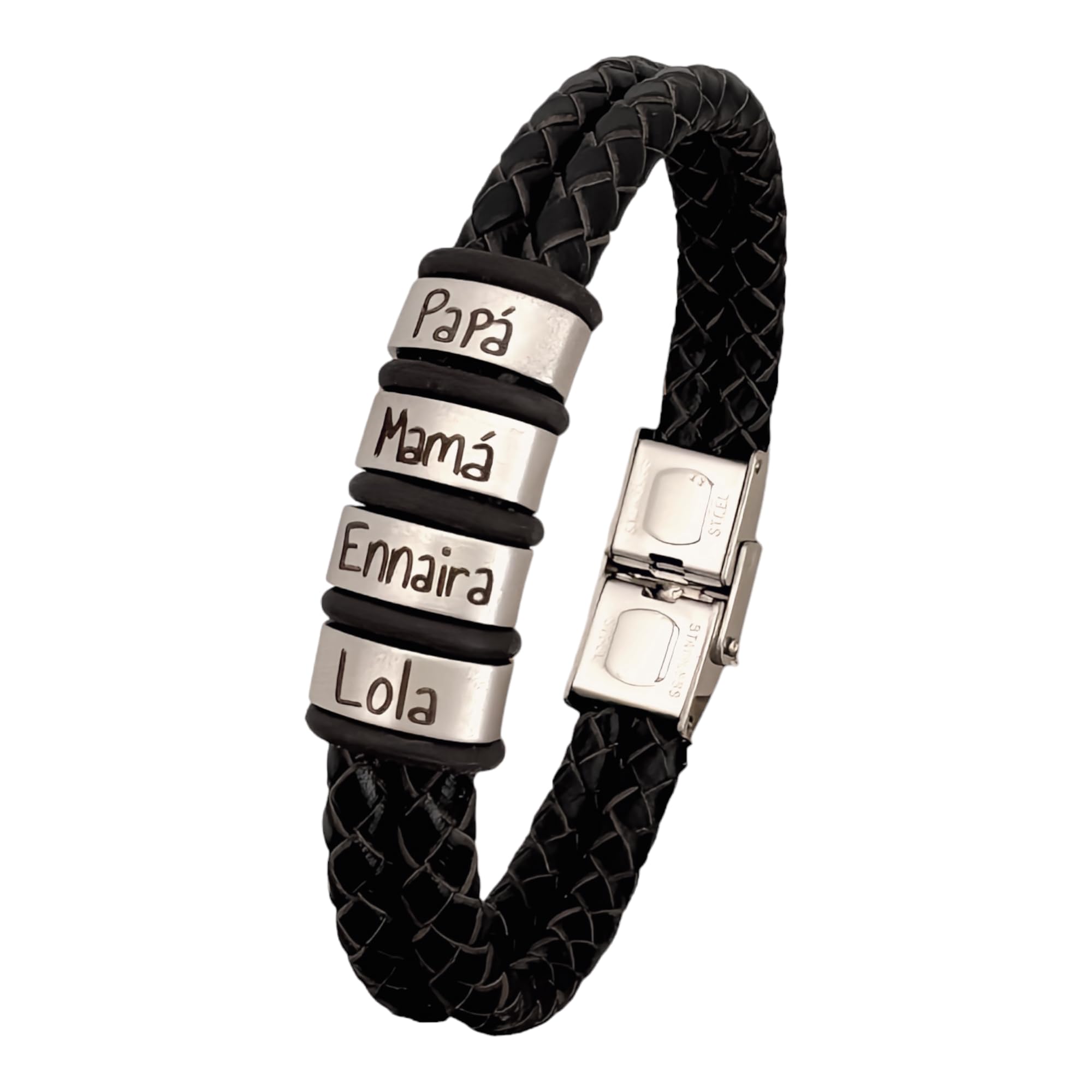 D.CORAZÓN ARTESANÍA HECHO A MANO Pulsera personalizada con nombres, totalmente ajustable, fabricada con dos tiras de cuero redondo y acero. MODELO TITI. Regalos día del padre, regalos San Valentín. (Negro)