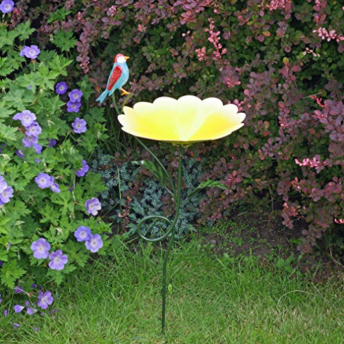 Free Standing Stake Birdbath Yellow Flower Shaped Metal Bird Bath Tray Garden Ornament Decor Outdoor (Yellow Flower)