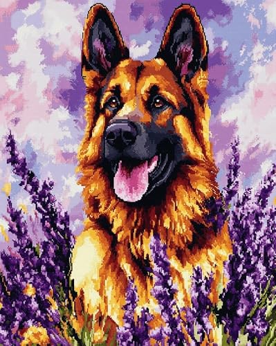 AxiangziK DIY Cross Stitch Embroidery Kit 12x16in,Lavender and German Shepherd Pre Printed Counted Cross Stitch Patterns,11CT Handmade Cushion Needlework Kit for Home Decoration & Gift
