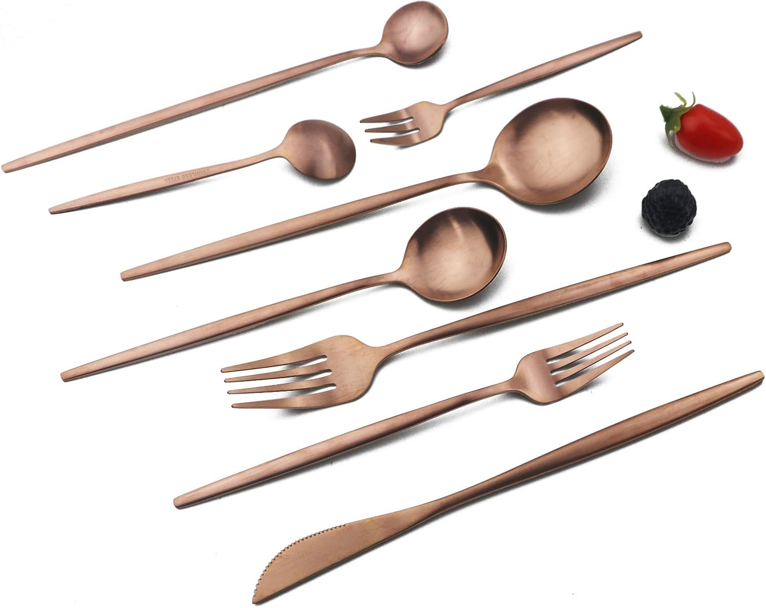 JASHII 32-Piece Tableware Set Stainless Steel Flatware Set with Coffee Spoon Long Handle Spoon Premium Cutlery Service for 4 Satin Finish Utensils for Home (Copper)
