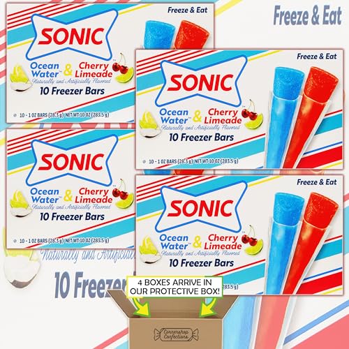 Sonic Freezer Pops 40 Count Assorted Variety Pack - 4 Boxes of 10 Pops Each - Ocean Water and Cherry Limeade - Summer, 4th of July, Sports, Cooler Snack - In Cornershop Confections Box