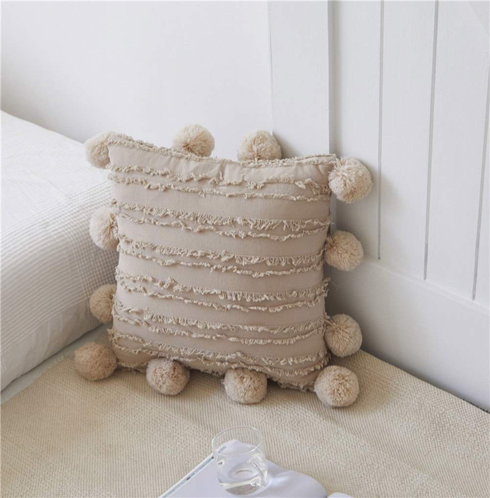 MiDuoHU Linen Throw Pillow Cushion Covers 45x45cm Nordic Plush Jacquard Pompoms Decoration Craft Decorative pillow Case, Hotel and Homestay Sofa Cushion Cover(Beige)