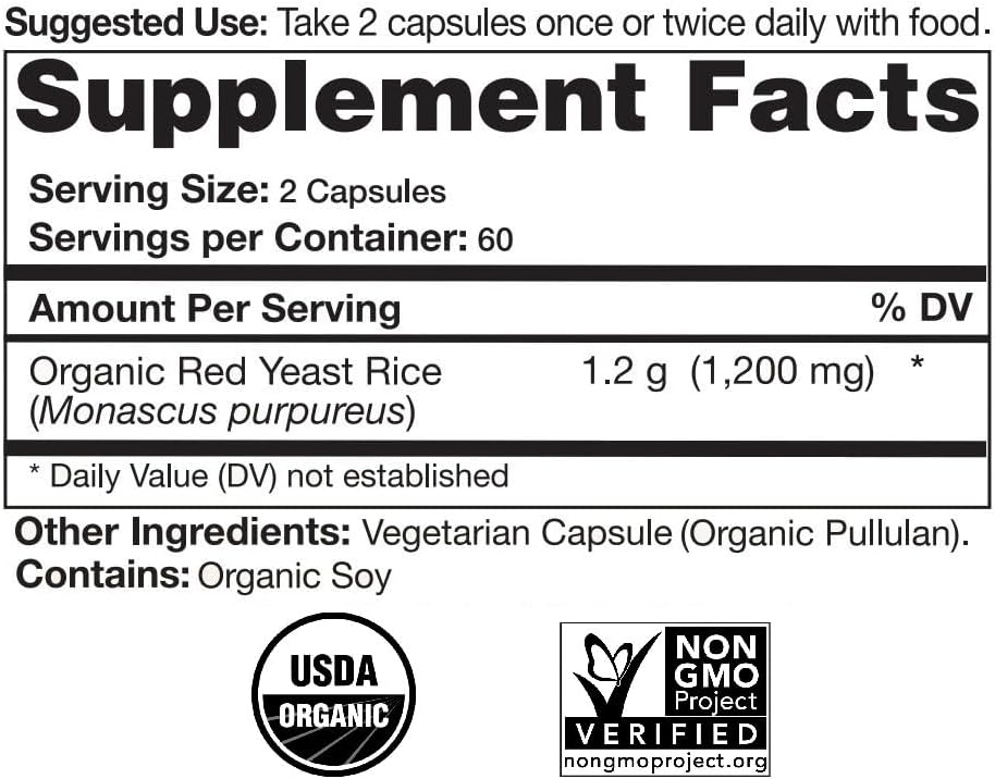 Certified Organic Red Yeast Rice Supplement - 120 Capsules, 2 Month Supply - Image 2
