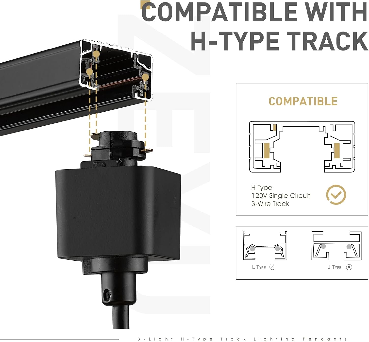 zeyu 3-Light H-Type Track Lighting Pendants, Modern Track Lighting Fixtures, Hanging Track Lighting for Kitchen Island, Clear Glass Shade, Black and Gold Finish, ZG33TP-3 BK+BG