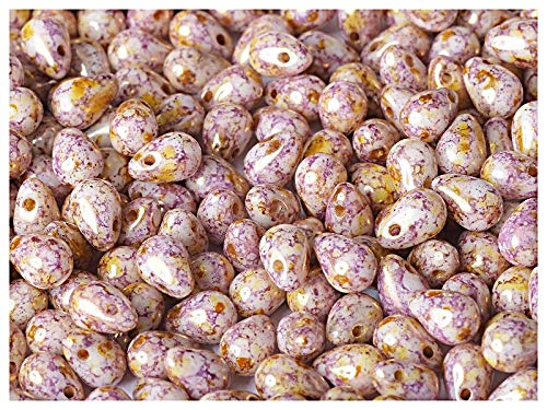 Small Teardrop Beads, 6x4mm, 60 piezas, cuentas de vidrio prensado checas en la forma de gotas, agujero horizontal superior, Chalk White/Lila Gold Luster (Opaque Senegal Brown Violet)