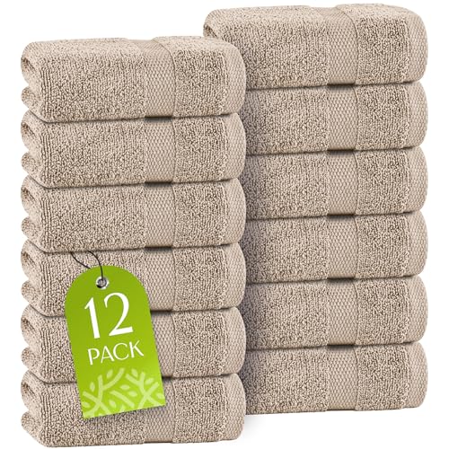 Image of White Classic Taupe Washcloths Set for Body and Face Towel, Cotton Wash Cloths Bulk 12 Pack, Spa Fingertip Wash Clothes 12x12 Inch, Soft Absorbent Gym Towels
