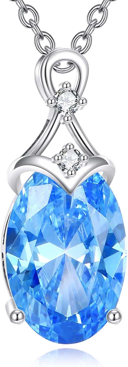 Solid 14K White Gold Oval Gemstone Necklace 3 Carat Created Birthstone with Diamond Pendant Necklaces Fine Jewelry Gifts for Women, Sterling Silver Chain 18"+2" Extender