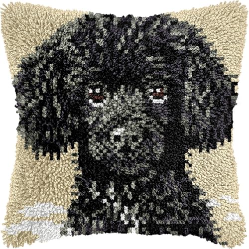 Image of Black Poodle Dog Latch Hook Pillow Kits Pillow Cover Pattern Printed Canvas Knitted Hooking Pillowcase Cushion with Zipper Crafts Crochet Home Decor Kits 17x17 inch(L1)