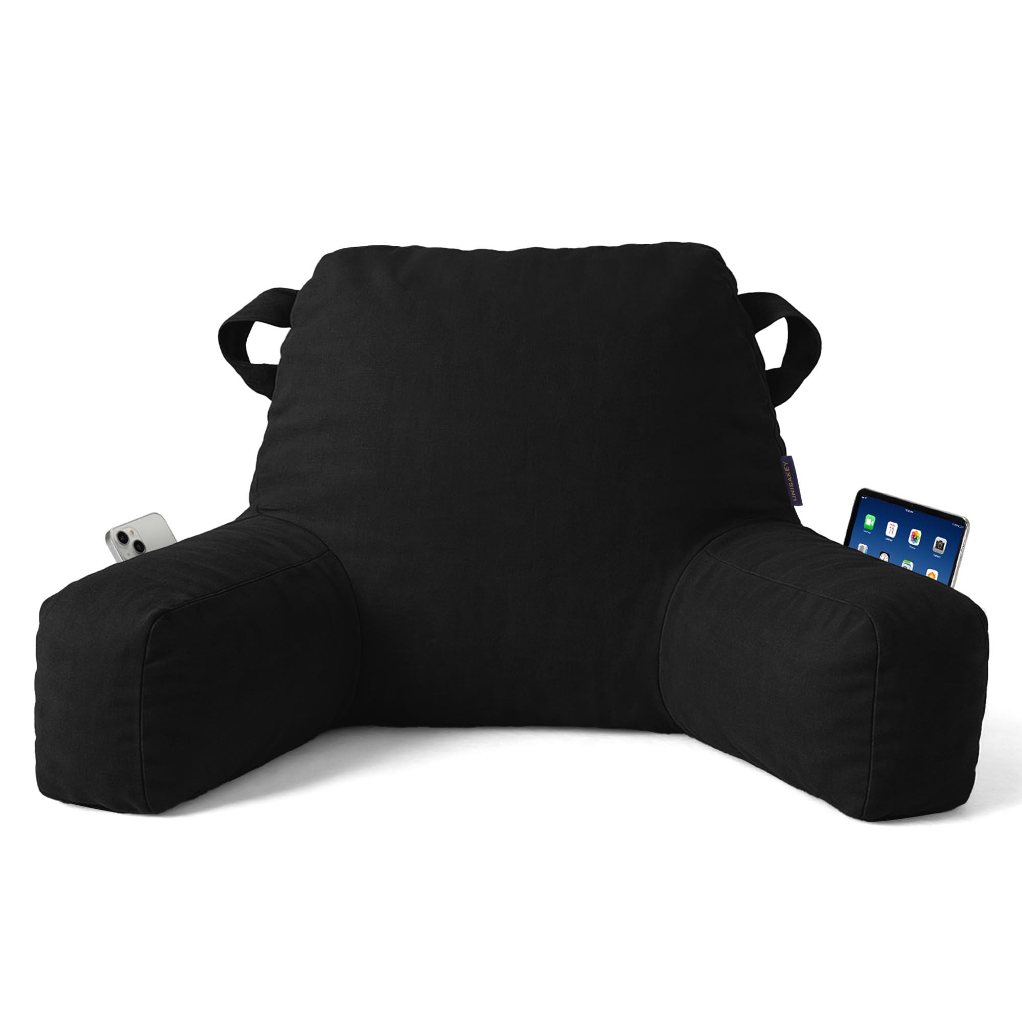 Unisakey Portable Comfy Reading Pillows for Bed Sitting Up(Black Oeko-Tex), Velvet Back Pillow with Arms & Pockets for Adults, Support Memory Foam Bed