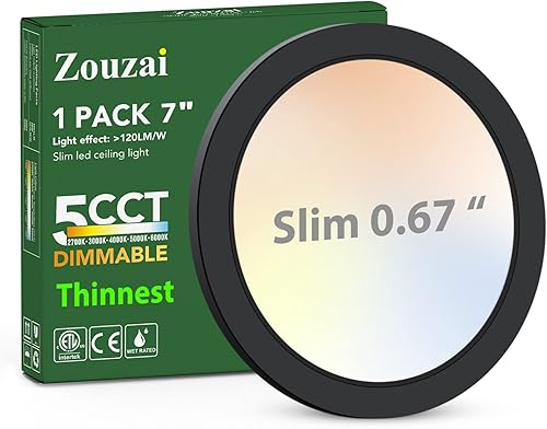 Lámpara LED de techo empotrada, regulable 5CCT seleccionable 2700K3000K4000K5000K6000K, 7 pulgadas, 15 W, accesorio de iluminación redondo ultrafino