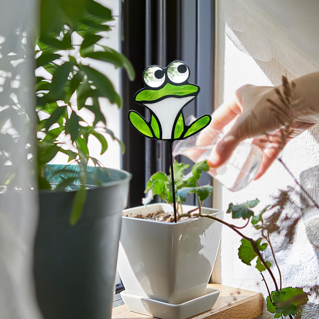 Frog Decor Stained Glass Suncatcher for Desk Window Sill,Stained Glass Insert in Pots Plant Stake Frog Bathroom Decor,Frog Decorations for Outdoors,Balconies,or Indoor Plant Pots - Image 5