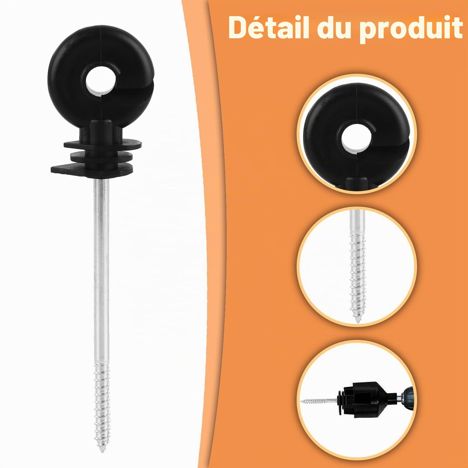 AKOLAFE Lot de 50 isolateurs de clôture électrique à vis dans les anneaux de clôture électrique à vis longues en maille métallique isolateur de poteau en bois pour cordes, fils et brins