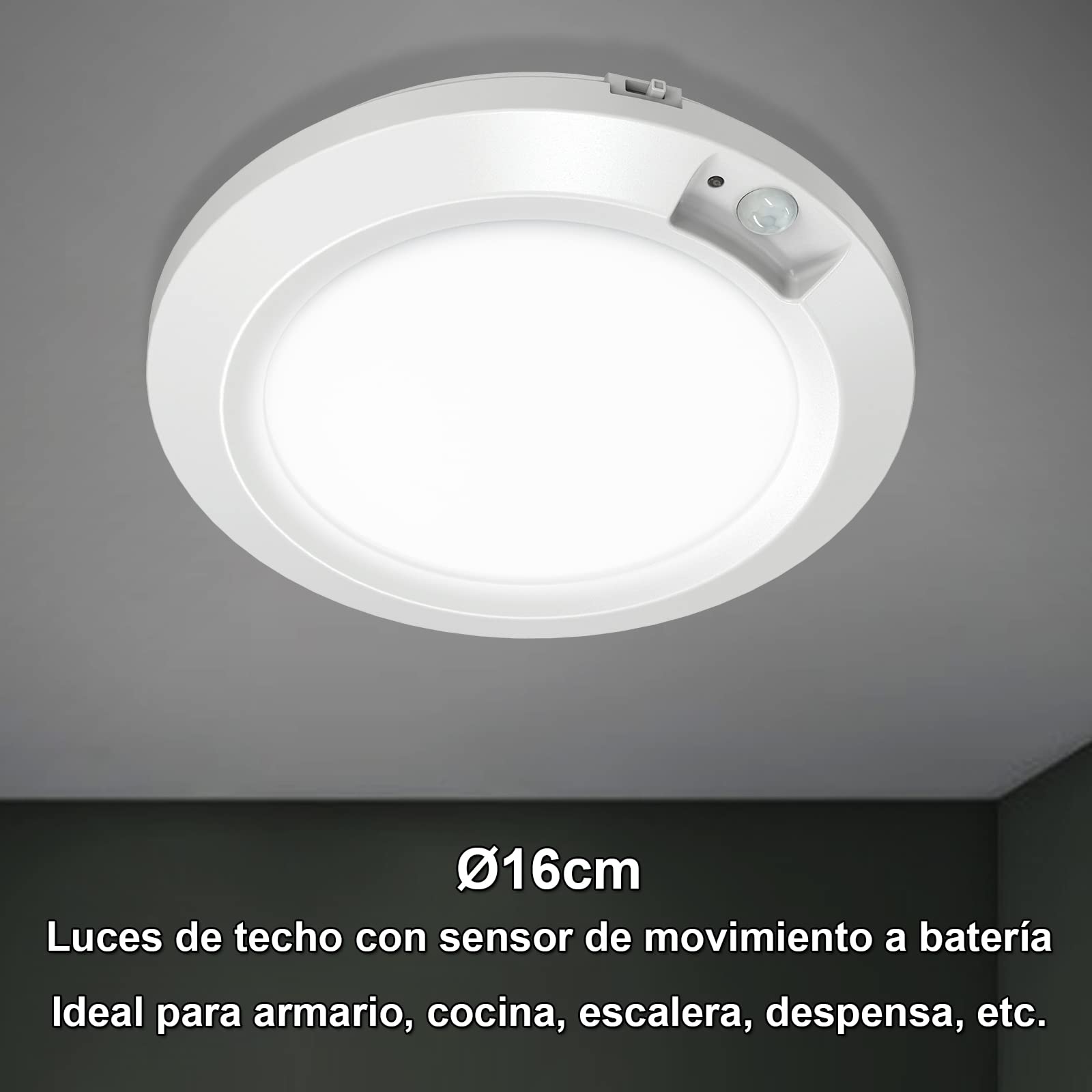 Lampara de Techo a Pilas con Sensor de Movimiento, 6000 K Plafon LED 210LM Luces Escalera Para Baño, Despensa, Cocina, Armario, Pasillo - Blanco Frío