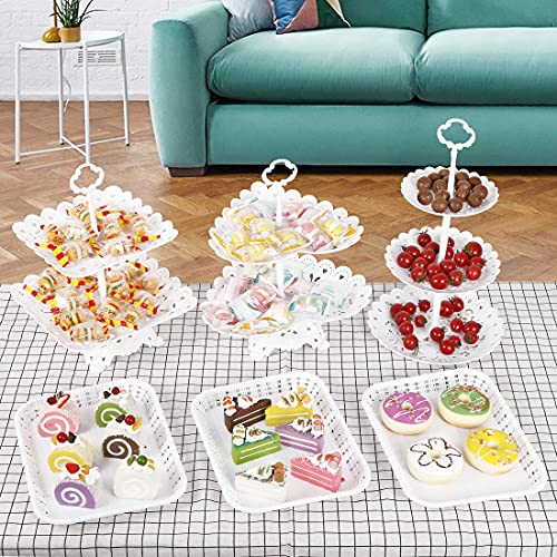 Set of 6 Party Cake Stand, Includes 3-Tier 2 Tiers Round Square Heart Shape Cupcake Holder & 3 Pack Rectangular Serving Tray for Wedding Birthday Party Fruits Dessert Candy Bar Display