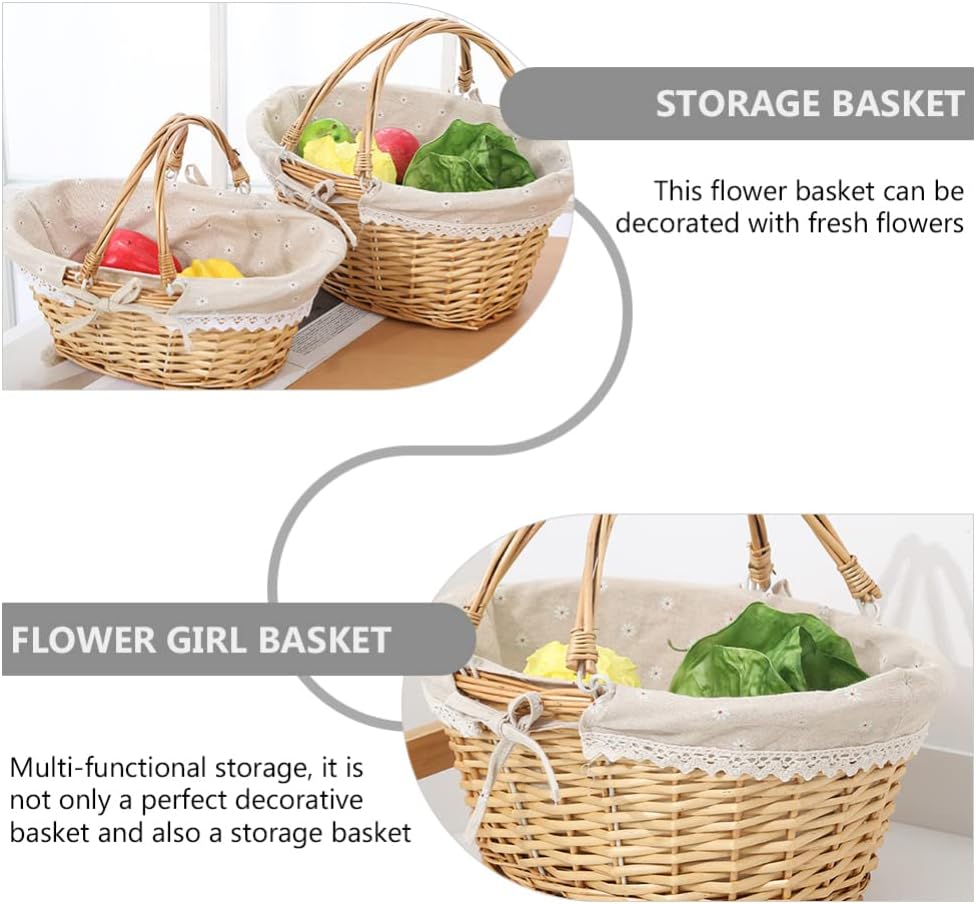 Handwoven Willow Picnic Basket with Adjustable Handle - Rustic Wicker Storage Basket for Wedding Flowers Outdoor Events Home Decoration 14.5X11.8X6.7 Inches