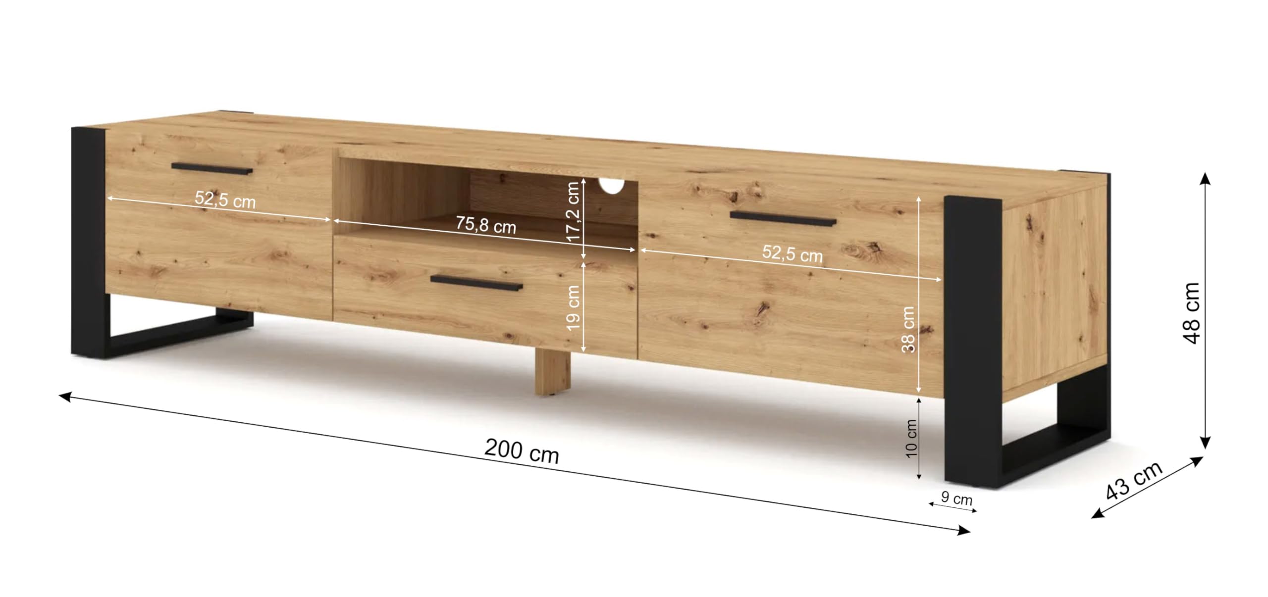 Meuble TV pour téléviseur jusqu'à 70" Moderne, 3 Portes idéal pour Salon Chambre, Banc TV,1 Niche Ouverte et Passe Câbles Intégré Chêne Artisan L 200 X P 43 X H 48 cm Nuka