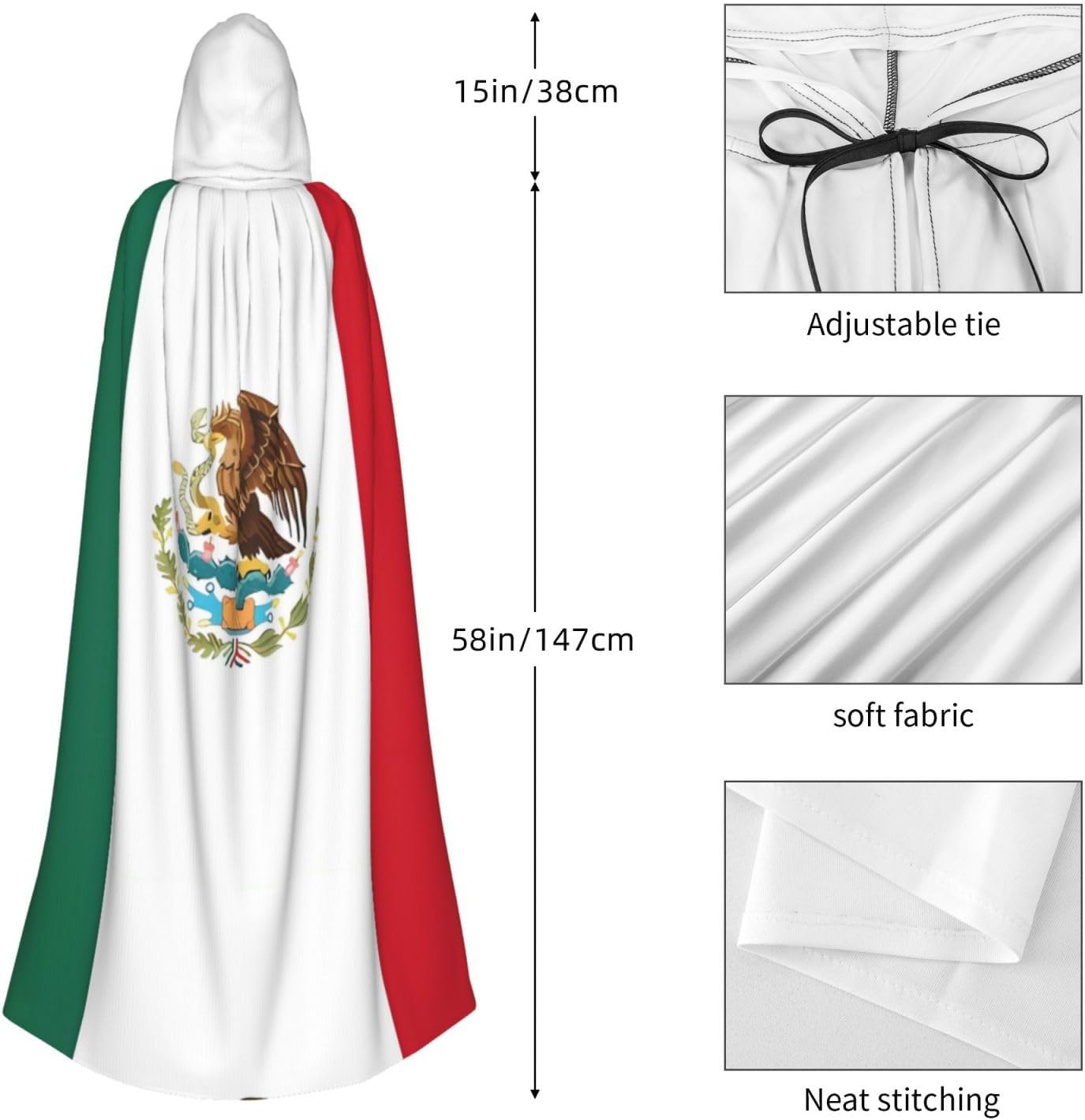 Flag of Mexico - Unisex Hooded Cloak, Adults' Lightweight Cloak for Halloween Cosplay Costumes