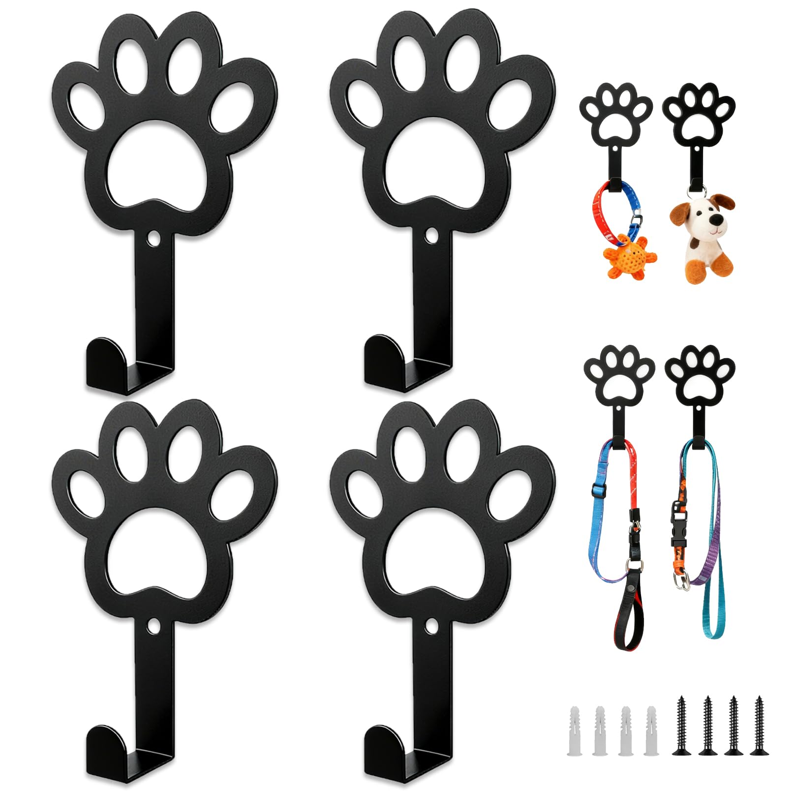 Xiingyaan Black 4 Pack Dog Paw Key Holder For Wall, Dog Lead Hooks Wall Mounted With Screws, Metal Key Hooks Wall Mounted, Decorative Dog Leash Holder For Keys, Leads, Collars & Pet Accessories, Entryway Hallway