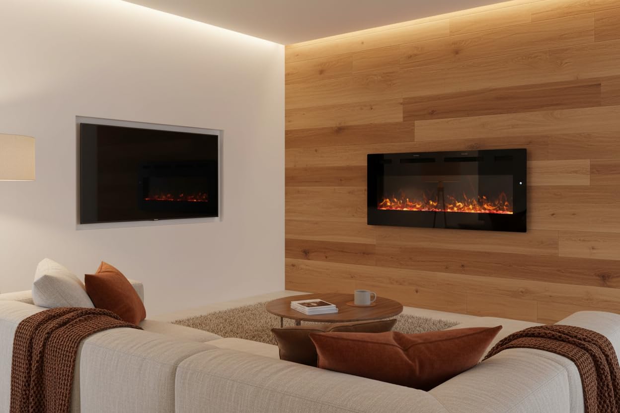 Chimenea Eléctrica de Pared Weka Fireplace WiFi Ultrafina 7,5 cm Vidrio Templado Sin Humo Control Remoto 750/1500W 13 Colores de Llama 107 cm