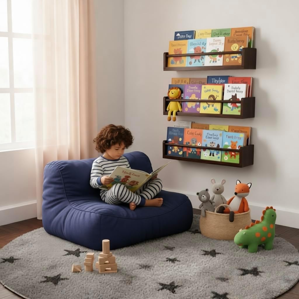 Set of 3 Kids Floating Bookshelves Deep Walnut – 24 Inch Wall Mounted Nursery Book Shelves with Safety Rail – Ideal Storage & Display Shelf for Nursery, Bedroom, and Playroom