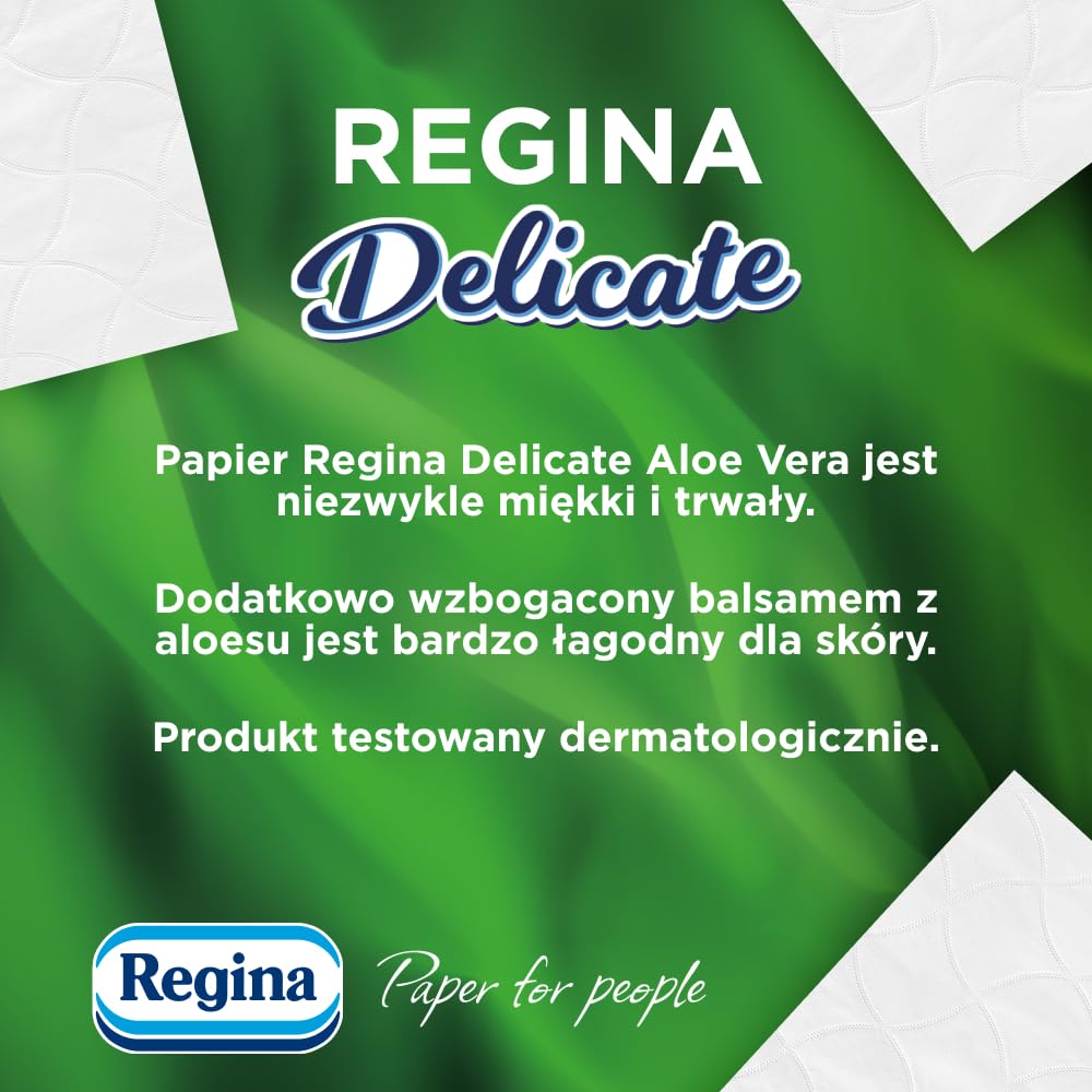 Regina Delicate Aloe Vera Papier Toaletowy, 48 Rolek po 150 Listków, Odświeżający Aloes, 3-Warstwowy, Miękki i Trwały, Wzbogacony Balsamem z Aloesu, Certyfikat FSC, Atest NIZP-PZH