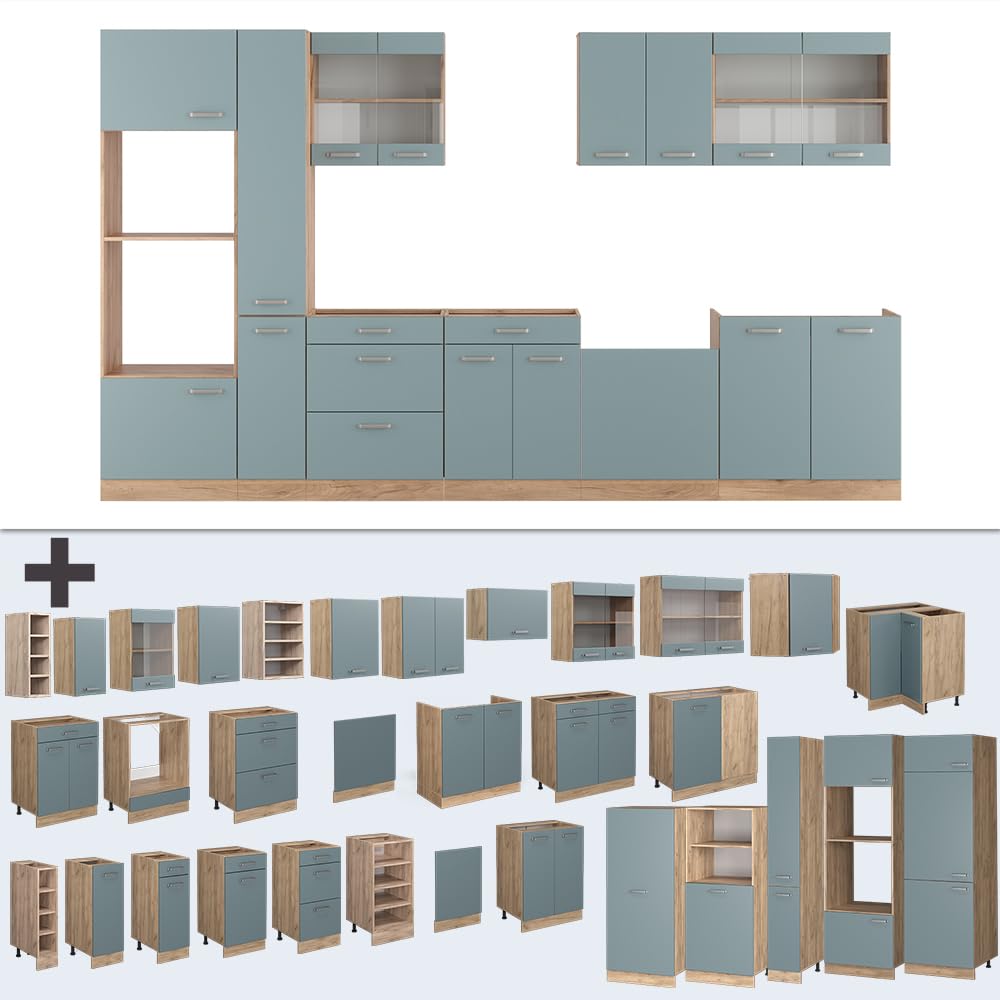 Vicco Cocina R-Line, Roble Azul-Gris-Dorado, 350 cm con Armario Alto, ET Antracita, Apto para ampliación Individual y disposición Flexible
