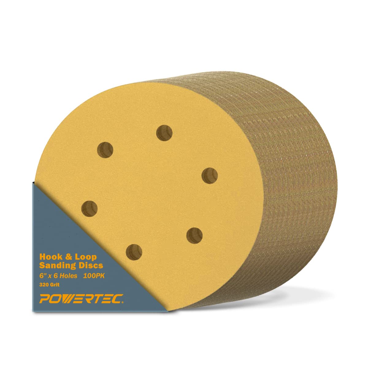 POWERTEC 45232G-50-P2 - Dischi abrasivi con gancio e anello a 6 fori, grana 320, colore: oro, confezione da 100
