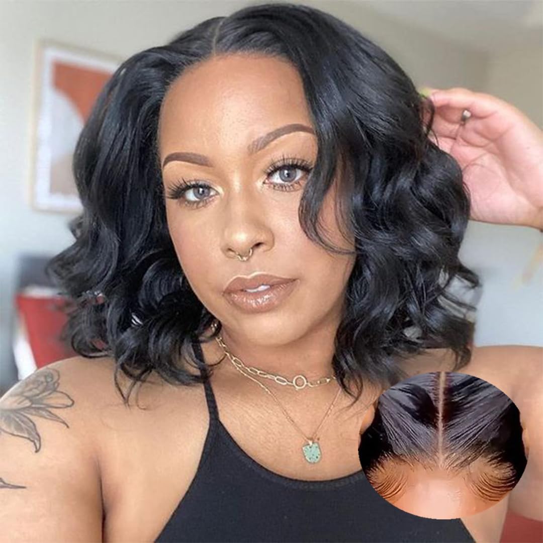 Short Bob Wigs - Wear and Go Glueless Human Hair Pre Plucked Pre Cut Body Wave Lace Front Wigs for Black Women - Upgraded No Glue 4x4 Lace Closure - Natural Color - 8 Inches
