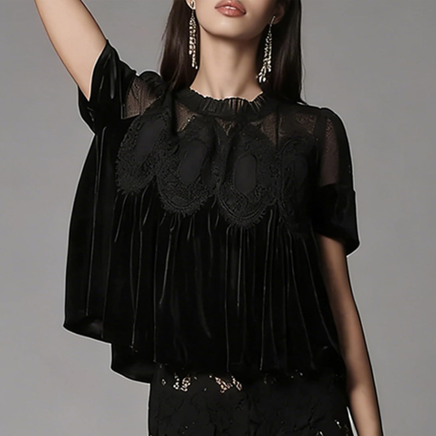 Women's Velvet Lace Babydoll Tops Casual Round Neck Short Sleeve Flared Swing Blouse Elegant Pleated Loose Fit Shirts - Image 3