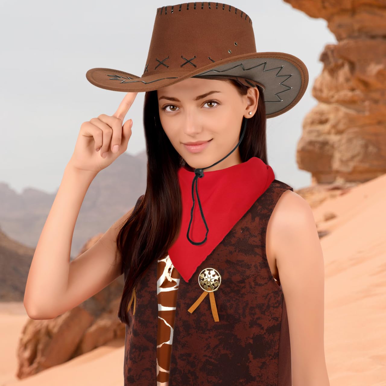 Kostium kowbojski, western, cosplay, kamizelka z frędzlami, kapelusz, chusta, na karnawał, hipisowy, zestaw dla dorosłych